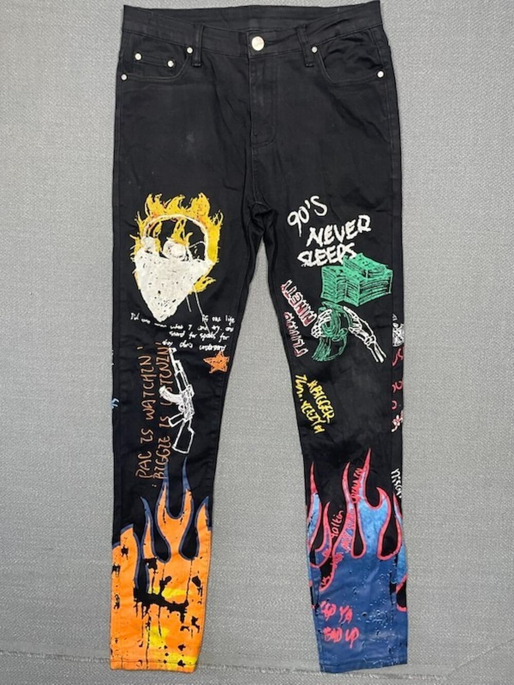 Jean's Men's 30 Black Streetwear Graffiti Hip Hop Graphic Prints Pants 30x31